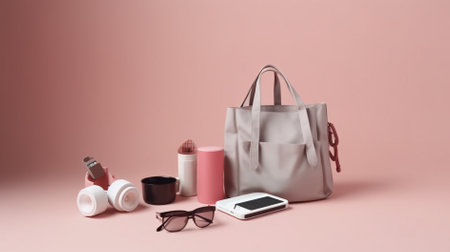 Women's accessories on a pink background. Beauty and fashion concept.の素材