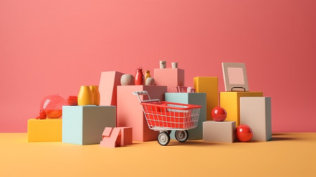 Shopping cart with toys on a pink background. 3d renderingの素材