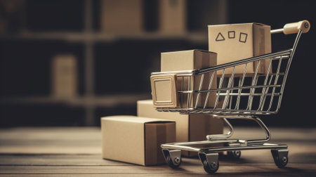 Shopping cart with boxes on wooden table. Online shopping concept.の素材