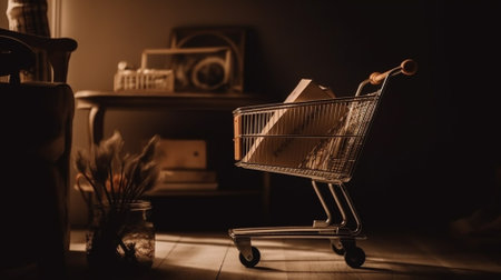 Shopping cart on wooden floor in dark room with copy space.の素材