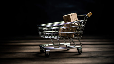 Shopping cart with boxes on a wooden table. Black background.の素材