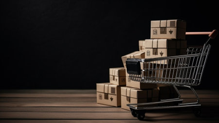 Shopping cart with boxes on wooden table. Online shopping concept.の素材