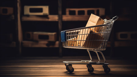 Shopping cart with paper bag on wooden background. Online shopping concept.の素材