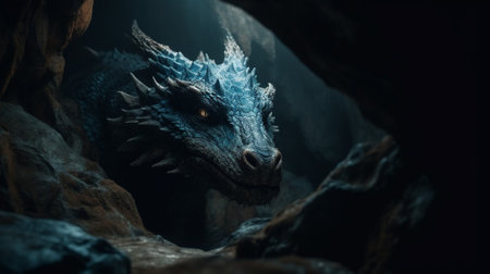 Close-up of the head of a dragon in the dark.の素材