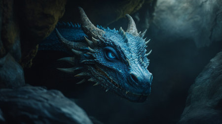 Close-up of the head of a dragon in a dark caveの素材