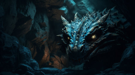 3d rendering of a fantasy dragon in a dark cave. 3d illustration.の素材