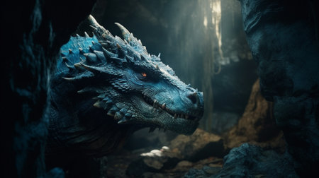 Close up of a dinosaur head in a cave. 3d renderingの素材
