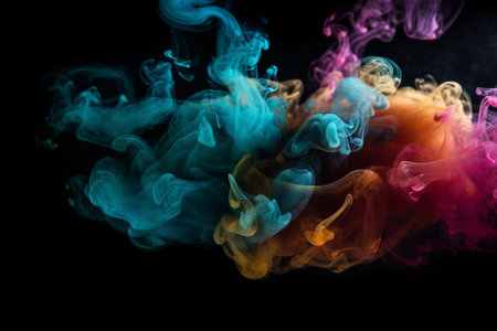 Colorful smoke isolated on black background. Abstract background of vape clouds.の素材