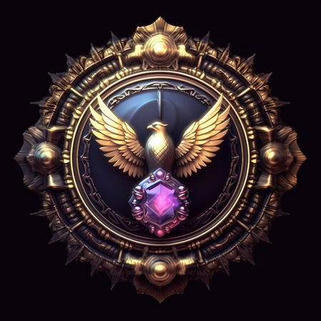 Vintage emblem with golden wings and precious stone. 3d renderingの素材