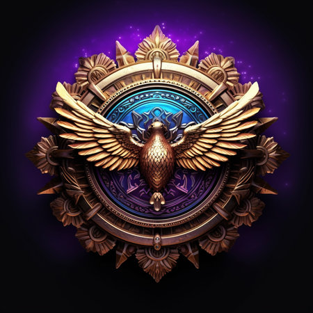 Vintage emblem with golden eagle on dark background, 3d renderingの素材