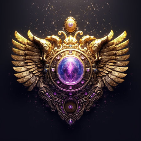 Vintage shield with wings and crystal ball. 3d illustration.の素材
