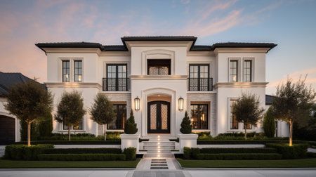 Luxury house in the garden at sunset. Perspective view.の素材