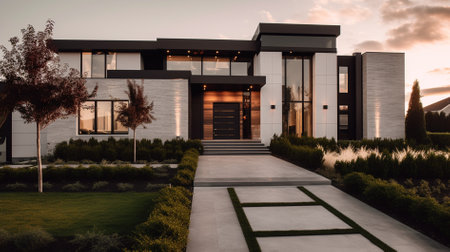 Modern luxury house with garden and terrace at sunset. Nobody insideの素材