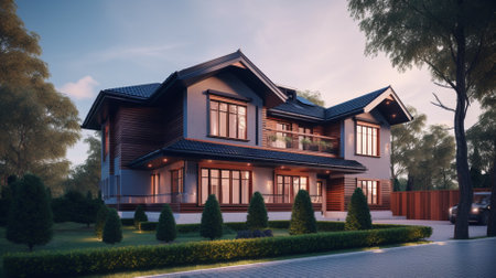 3d rendering of modern cozy house in the garden with garage.の素材