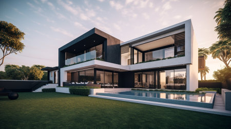 3d rendering of modern cozy house with pool and parking for sale or rentの素材