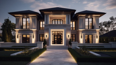 3d rendering of a modern luxury house in the garden at nightの素材