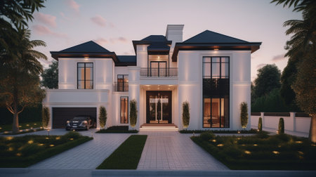 3d rendering of modern cozy house in the garden with garage.の素材