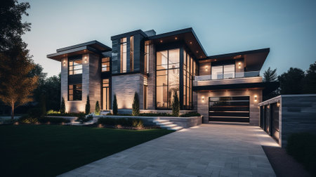3d rendering of modern cozy house with garage and pool for sale or rent with beautiful landscaping on background. Clear summer night with many stars on the sky.の素材