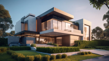 3d rendering of modern cozy house with pool and parking for sale or rent in luxurious style.の素材