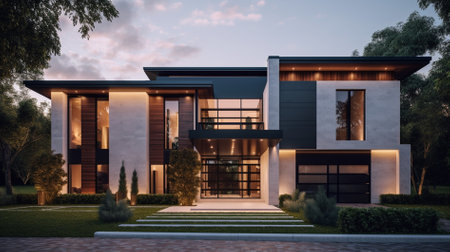 3d rendering of modern cozy house in the garden with garage for sale or rent. Clear summer evening with warm light from window.の素材