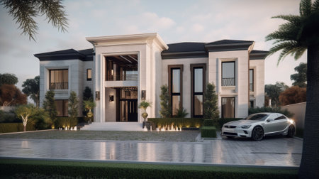 3D rendering of a luxury house with palm trees in the backgroundの素材