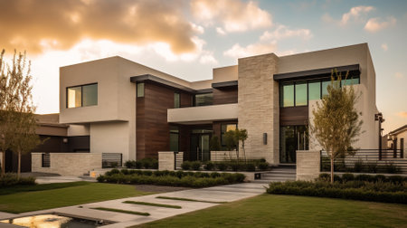 Exterior of a modern house with a beautiful landscaped garden.の素材