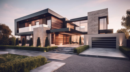 3d rendering of modern cozy house with garage and pool for sale or rent. Clear sunny summer evening with blue sky.の素材