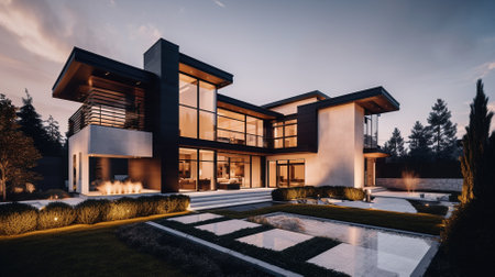 3d rendering of modern cozy house with pool and parking for sale or rent in luxurious style and beautiful landscaping on background. Clear summer night with many stars on the sky.の素材