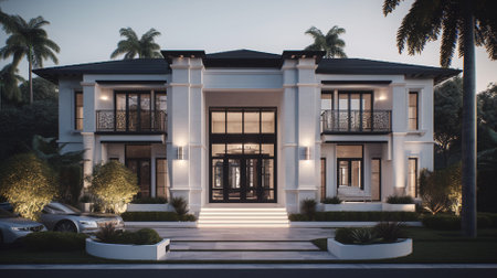 3d rendering of modern luxury house with garden and swimming pool.の素材