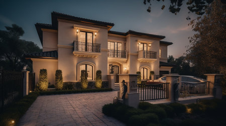 Luxury house in the garden at night with beautiful light.の素材