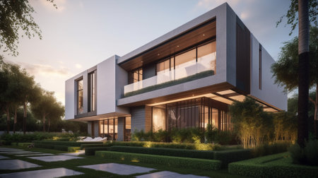 3d rendering of modern cozy house with pool and parking for sale or rent in luxurious style.の素材