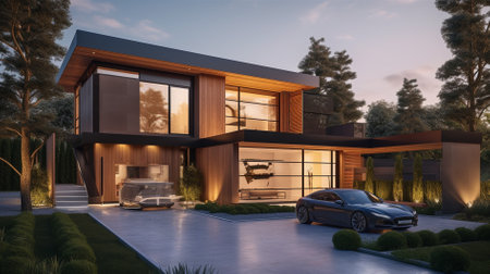 3d rendering of modern cozy house with garage and pool for sale or rent with wood plank facade. Clear sunny summer evening with blue sky.の素材