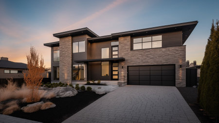 3d rendering of modern cozy house with garage and pool for sale or rentの素材