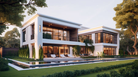 3d rendering of modern cozy house with pool and parking for sale or rent in luxurious style. Sunset with soft light.の素材