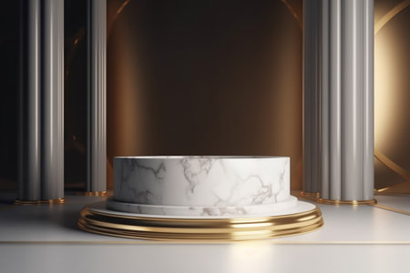 3d render of golden marble podium for product display. Luxury pedestal.の素材