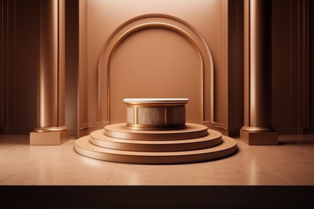 3d rendering of golden podium or pedestal for product presentation with archの素材