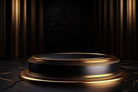 3d render of golden podium on black background with draperyの素材