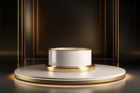 3d render of abstract background with golden podium and golden lines.の素材