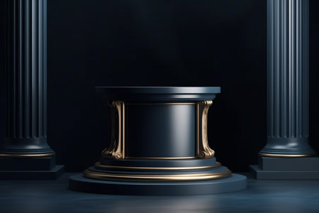 Black pedestal with columns on black background. 3D rendering.の素材