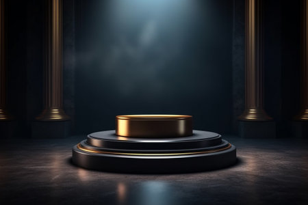 Black podium on a dark background. 3d rendering, 3d illustration.の素材