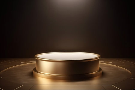 Golden pedestal on black background. 3d rendering, 3d illustration.の素材