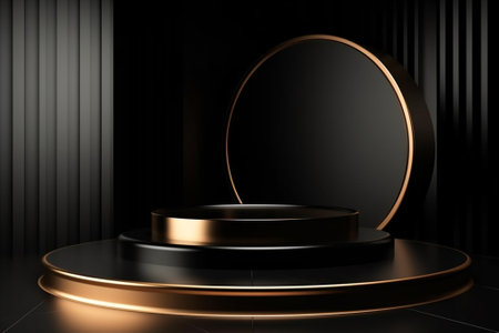3d render, abstract black and gold background with round podium, round pedestal or platform for product presentationの素材
