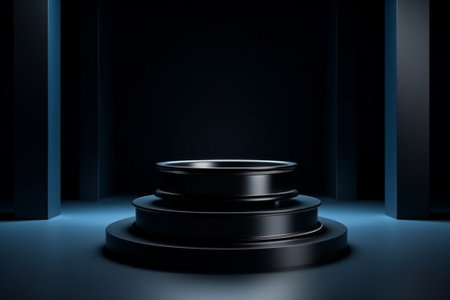 Black round podium on dark background. Mock up, 3D Renderingの素材
