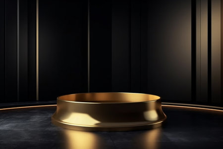 Abstract black and golden pedestal on dark background. 3d renderの素材