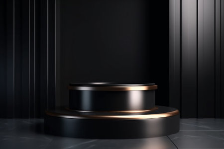 Black pedestal with gold color on black background. 3d renderingの素材