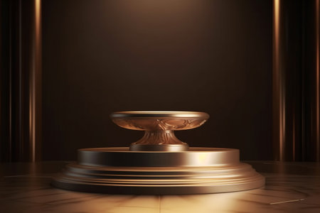 3d render of golden pedestal podium with lighting in dark roomの素材