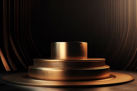 Golden podium on a dark background. 3d rendering, 3d illustration.の素材