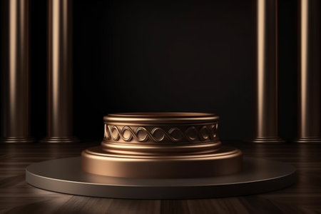 Golden pedestal on black background. 3d rendering, mock upの素材