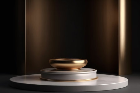 3d render of golden pedestal or podium on black background.の素材
