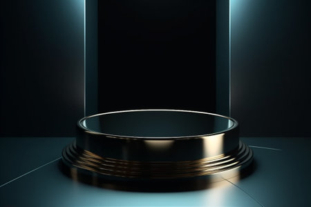 Black and gold round pedestal on black background. 3D renderingの素材